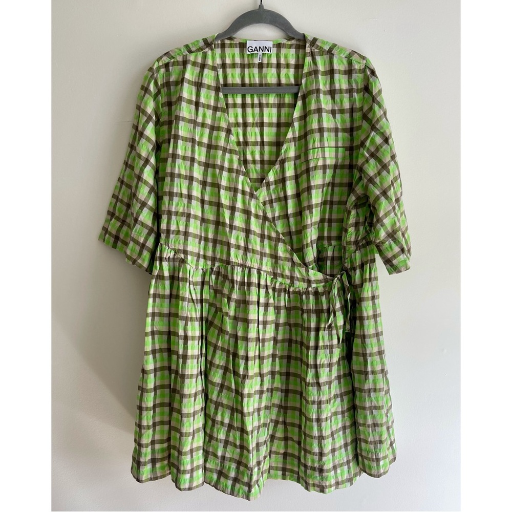 Ganni Plaid Wrap Mini Dress NWOT, Green, Size L/XL
